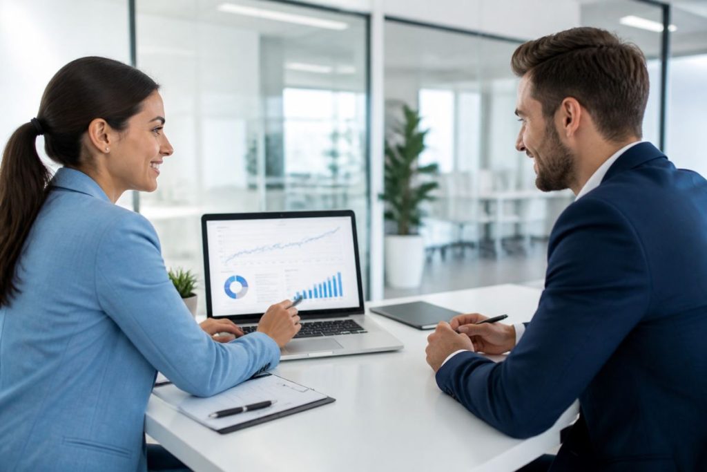 Profesionales de una agencia colaborando con datos SEO en marca blanca