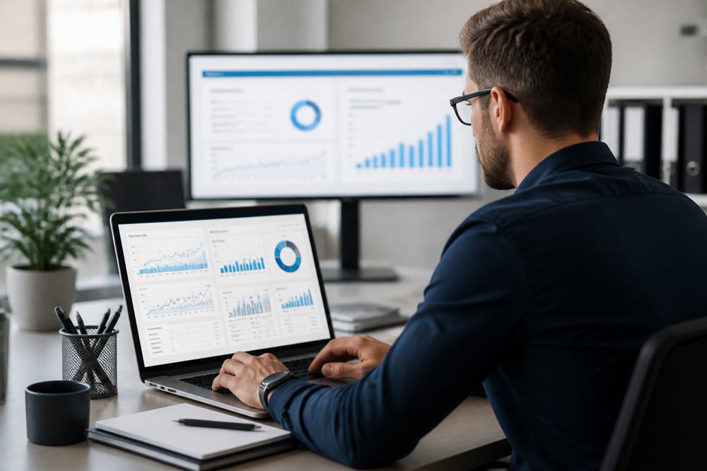 Profesional de una agencia revisando paneles de SEO y Google Ads
