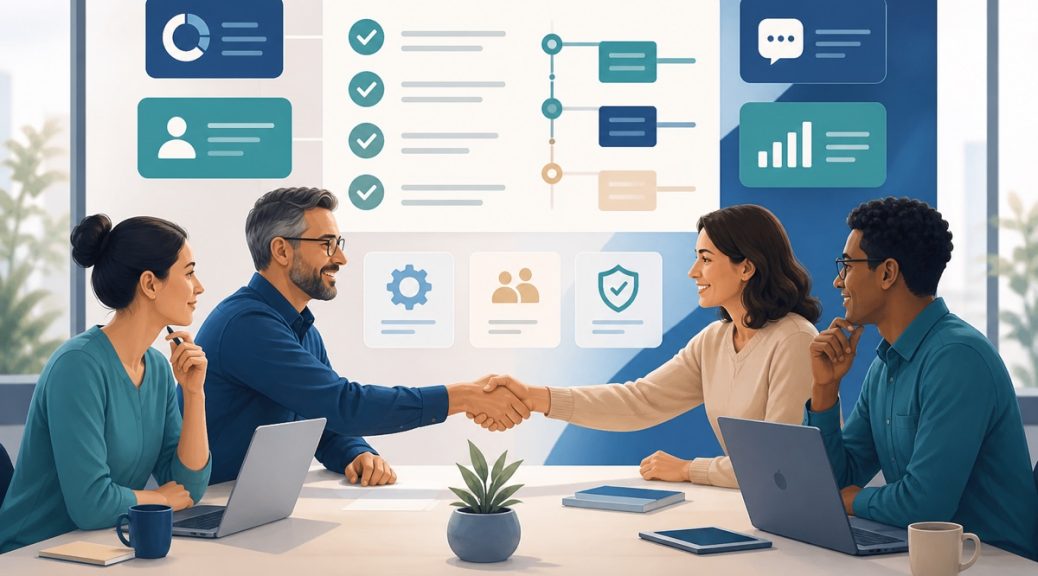 Reunión entre una agencia y su proveedor para definir un SLA de SEO en marca blanca